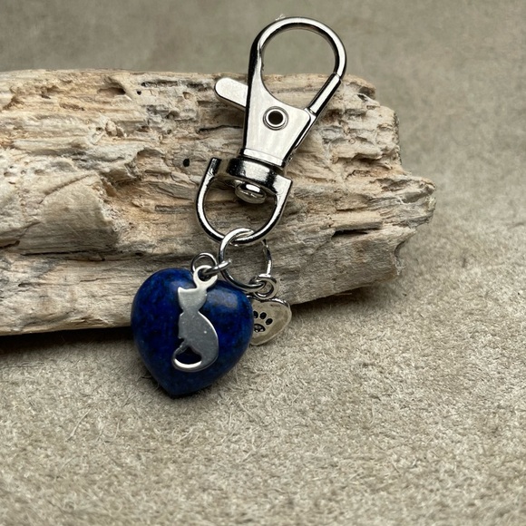Lapiz Lazuli Heart Shaped Stone Love My Cat Keychain Or Purse Toggle - Picture 11 of 12